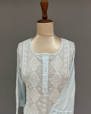 Mul Cotton Chikankari Long Kurti - Powder Blue
