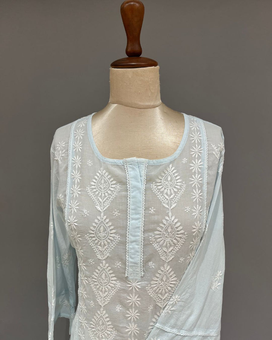 Mul Cotton Chikankari Long Kurti - Powder Blue