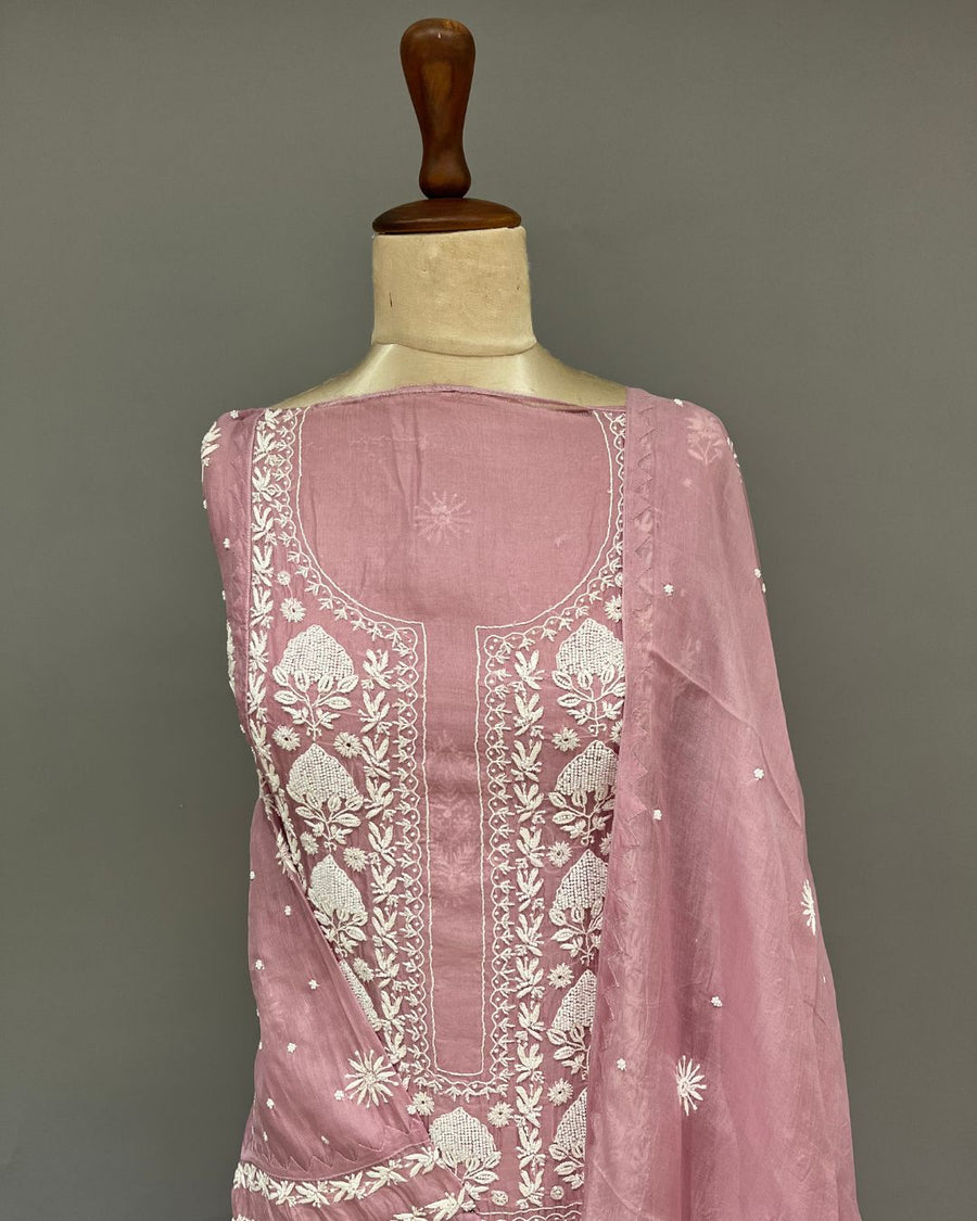 Organza Chikankari Unstitch 2pc Suit - Dusty Mauve