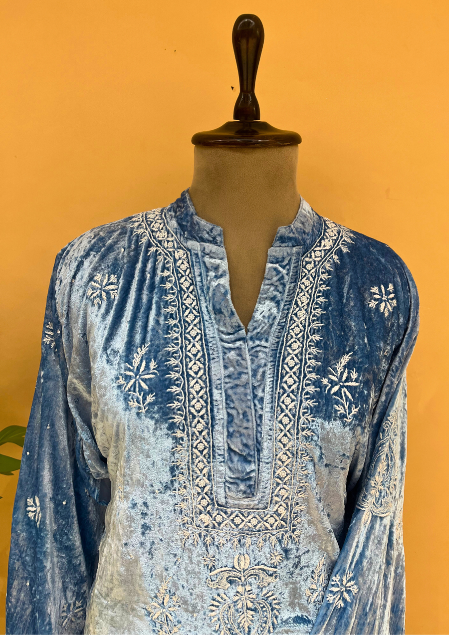 Velvet Chikankari Unstitched Coord Set - Ice Blue