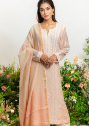 Women's Handcrafted Mul Chanderi Chikankari Kurta, Dupatta And Pant Set - Peach