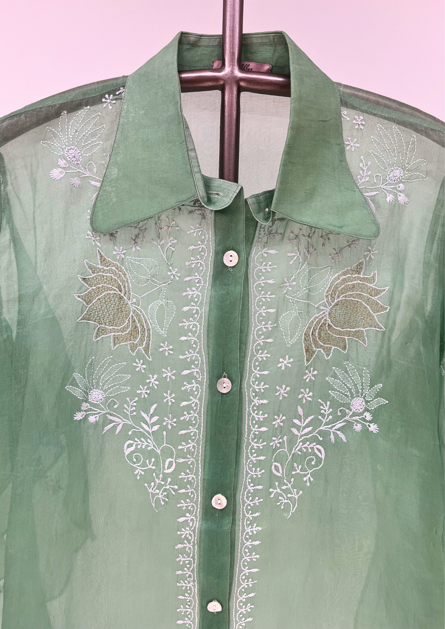 Chikankari Organza Shirt - Turf Green
