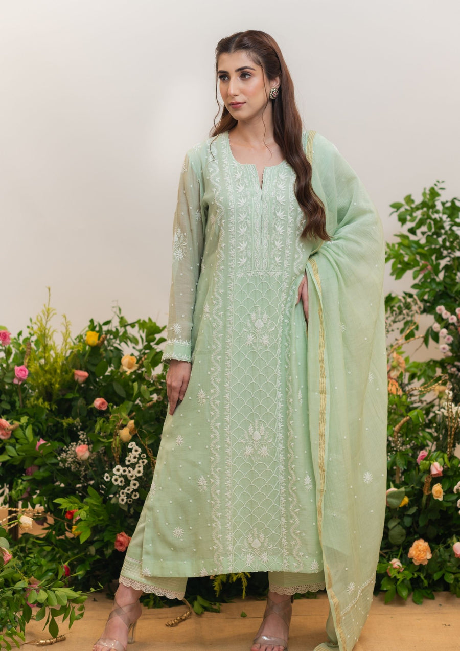 Mul Chanderi Chikankari Straight Suit - Mint green