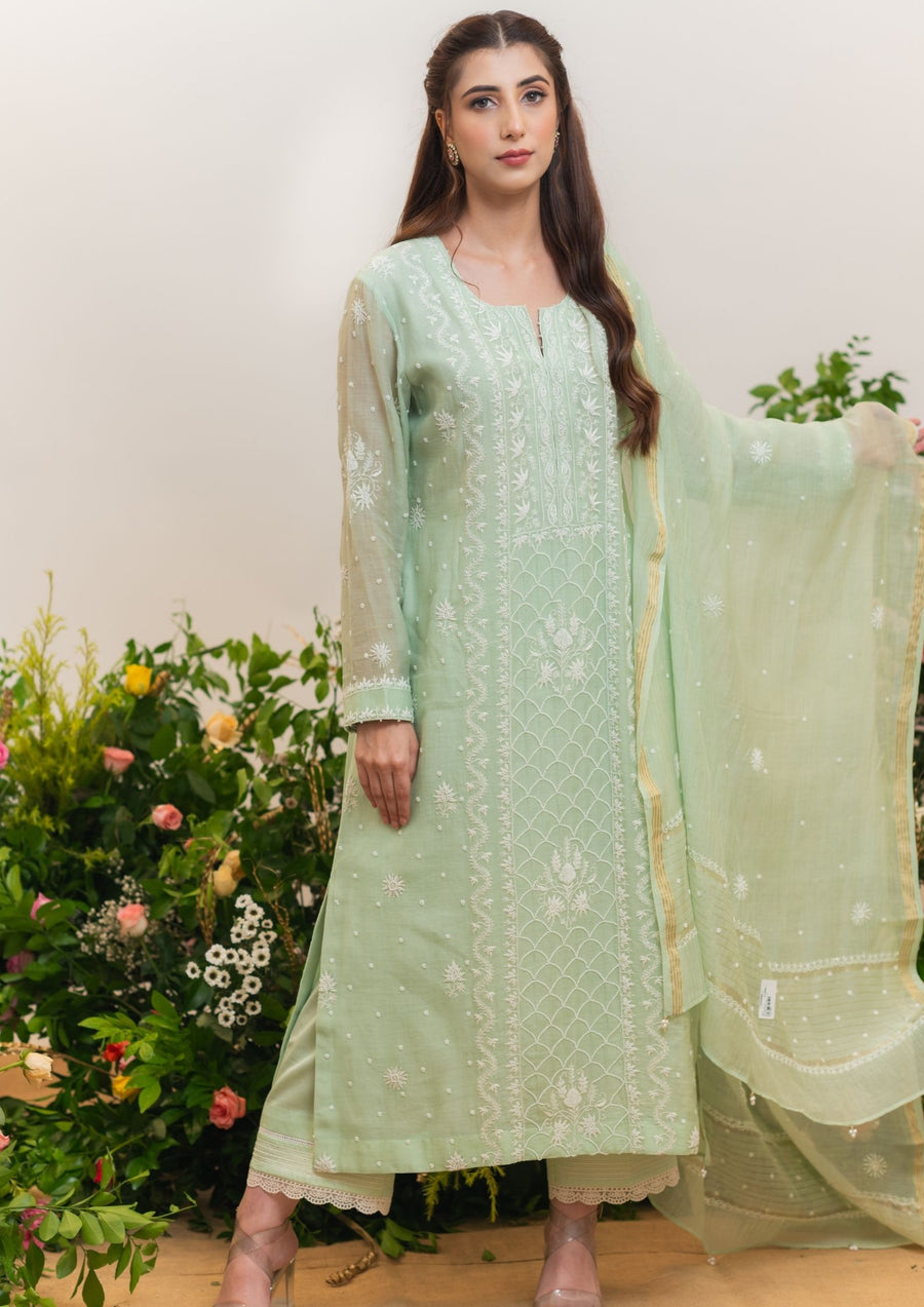 Mul Chanderi Chikankari Straight Suit - Mint green