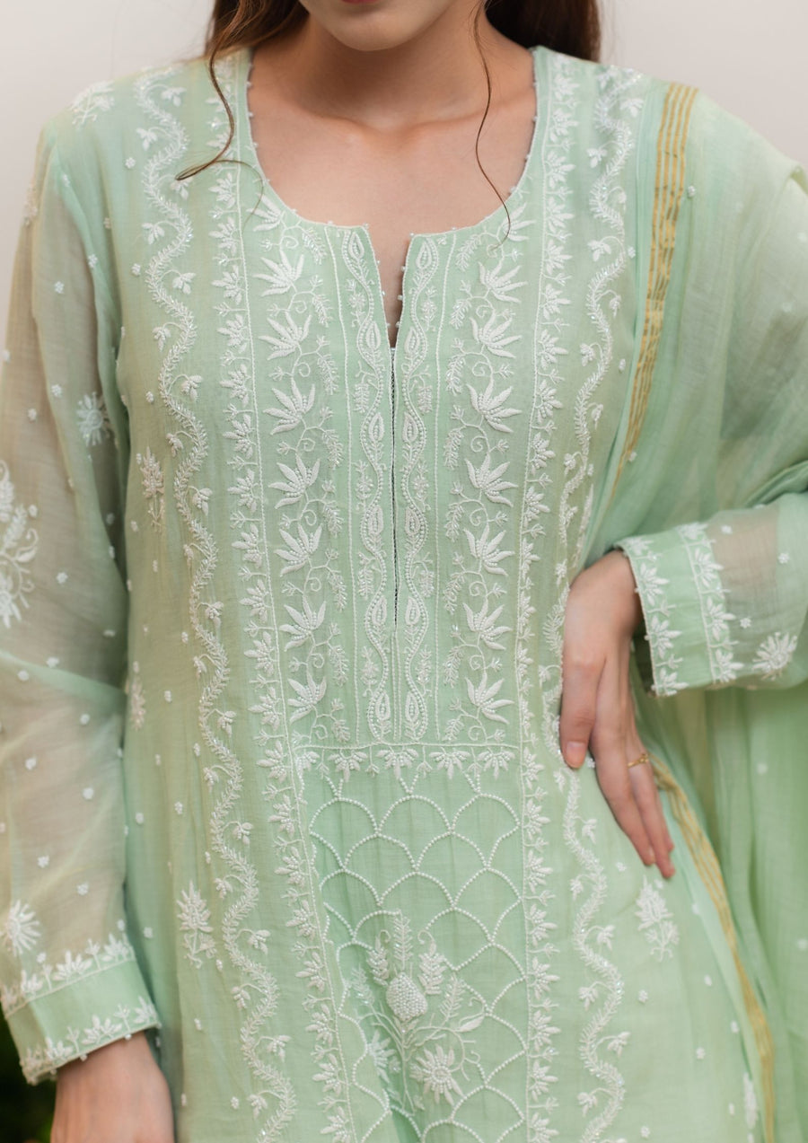 Mul Chanderi Chikankari Straight Suit - Mint green