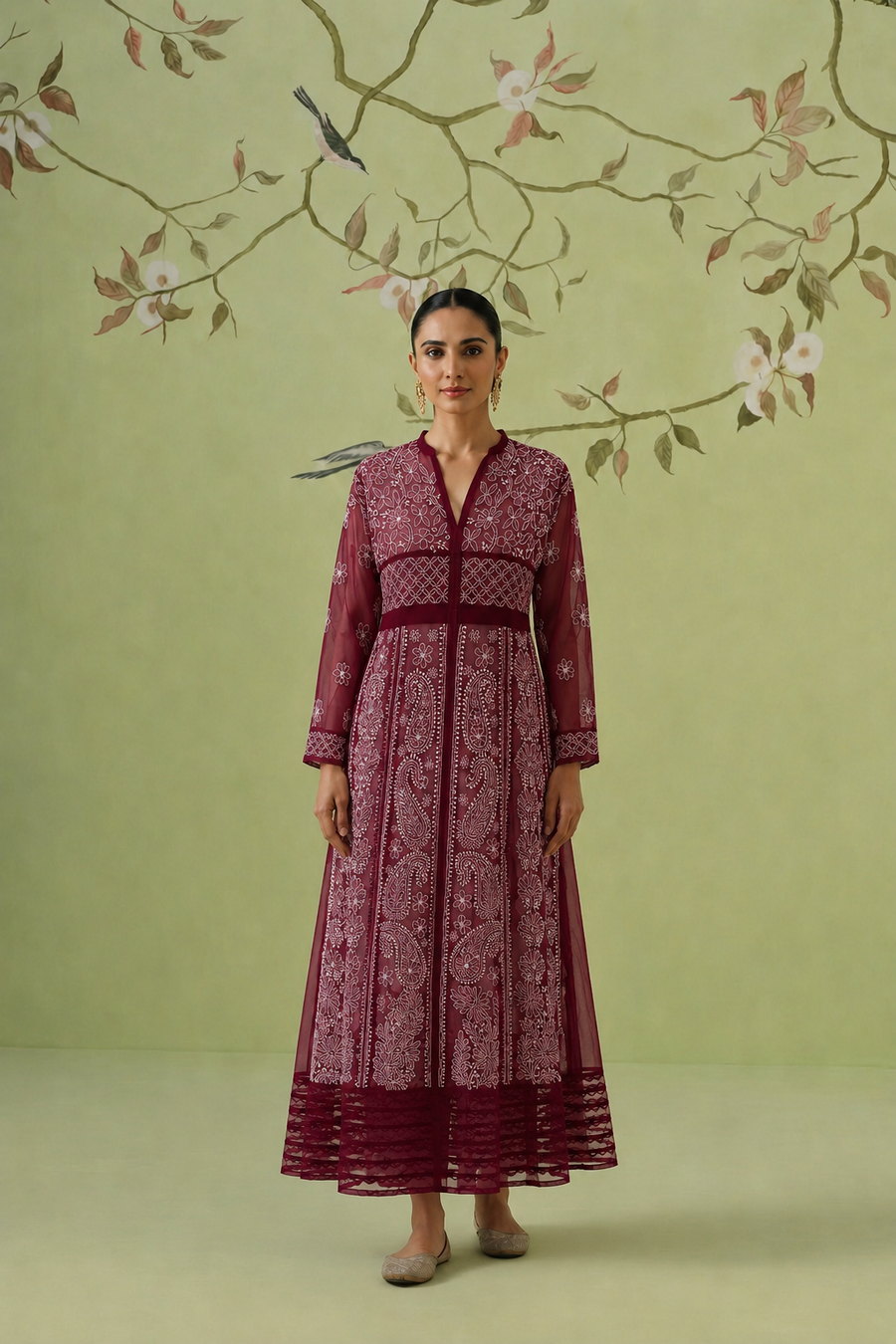 Georgette Anarkali Chikankari Kurta - Mehroon