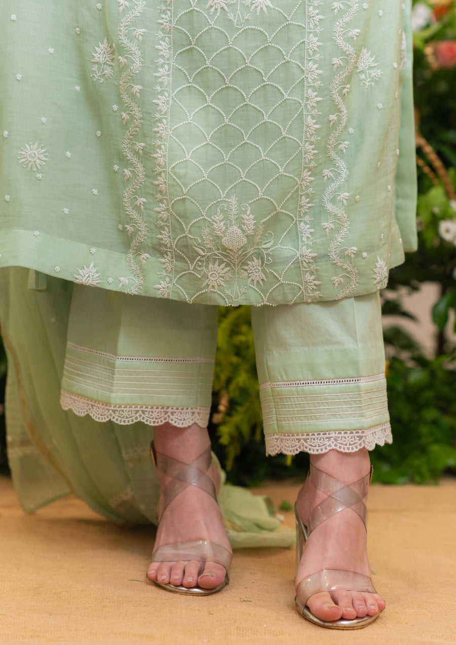 Mul Chanderi Chikankari Straight Suit - Mint green