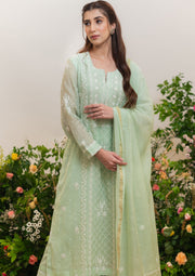 Mul Chanderi Chikankari Straight Suit - Mint green