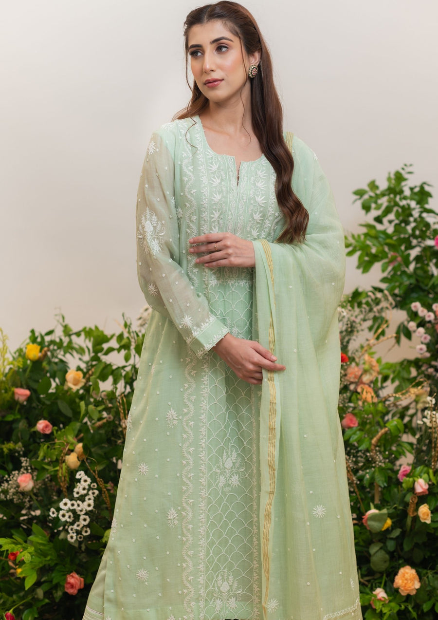 Mul Chanderi Chikankari Straight Suit - Mint green