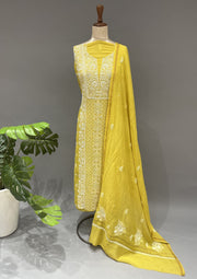 Mul Chanderi Chikankari Unstitch 2pc Suit Set - Sunflower Yellow