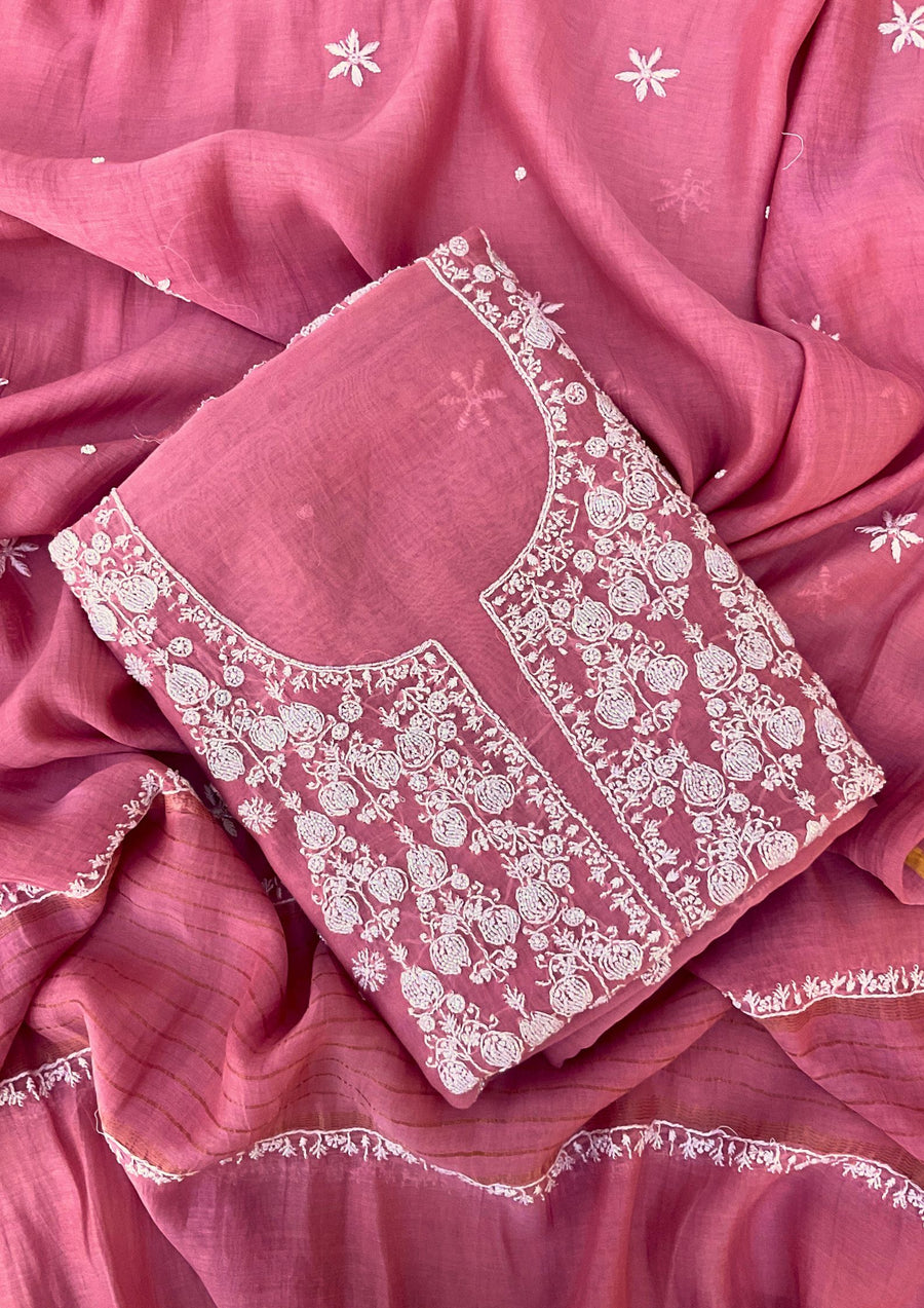 Mul Chanderi Chikankari Suit - Onion Pink