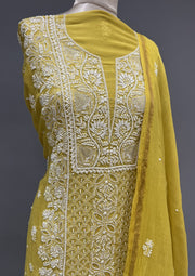 Mul Chanderi Chikankari Unstitch 2pc Suit Set - Sunflower Yellow