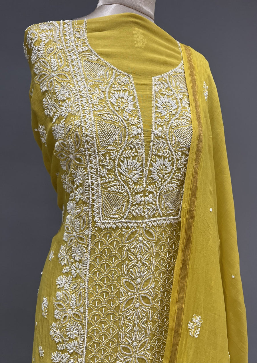 Mul Chanderi Chikankari Unstitch 2pc Suit Set - Sunflower Yellow