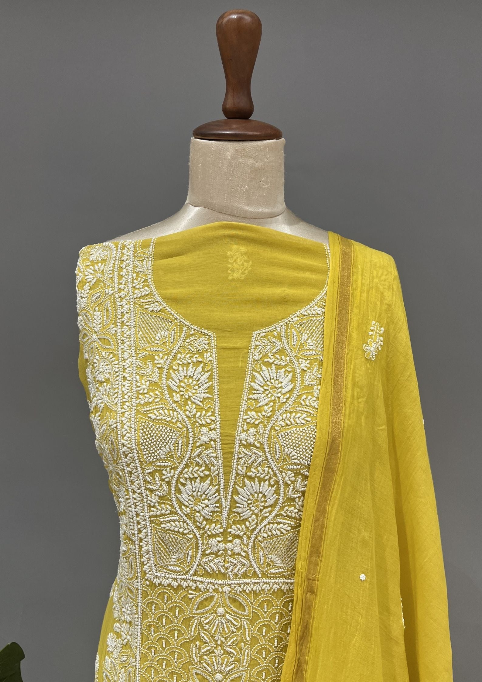 Mul Chanderi Chikankari Unstitch 2pc Suit Set - Sunflower Yellow