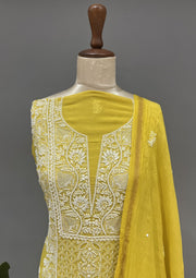 Mul Chanderi Chikankari Unstitch 2pc Suit Set - Sunflower Yellow