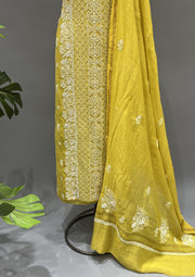 Mul Chanderi Chikankari Unstitch 2pc Suit Set - Sunflower Yellow