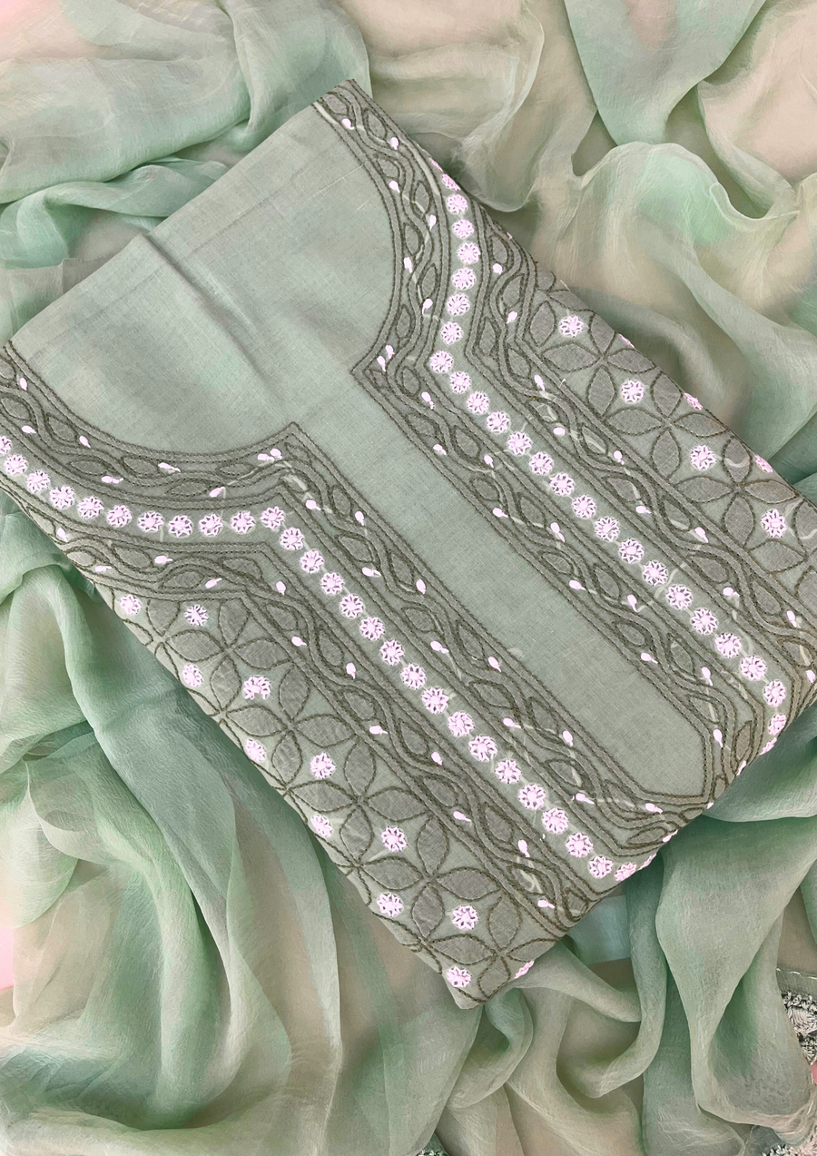 Cotton Chikankari Unstitched Suit - Sea Green