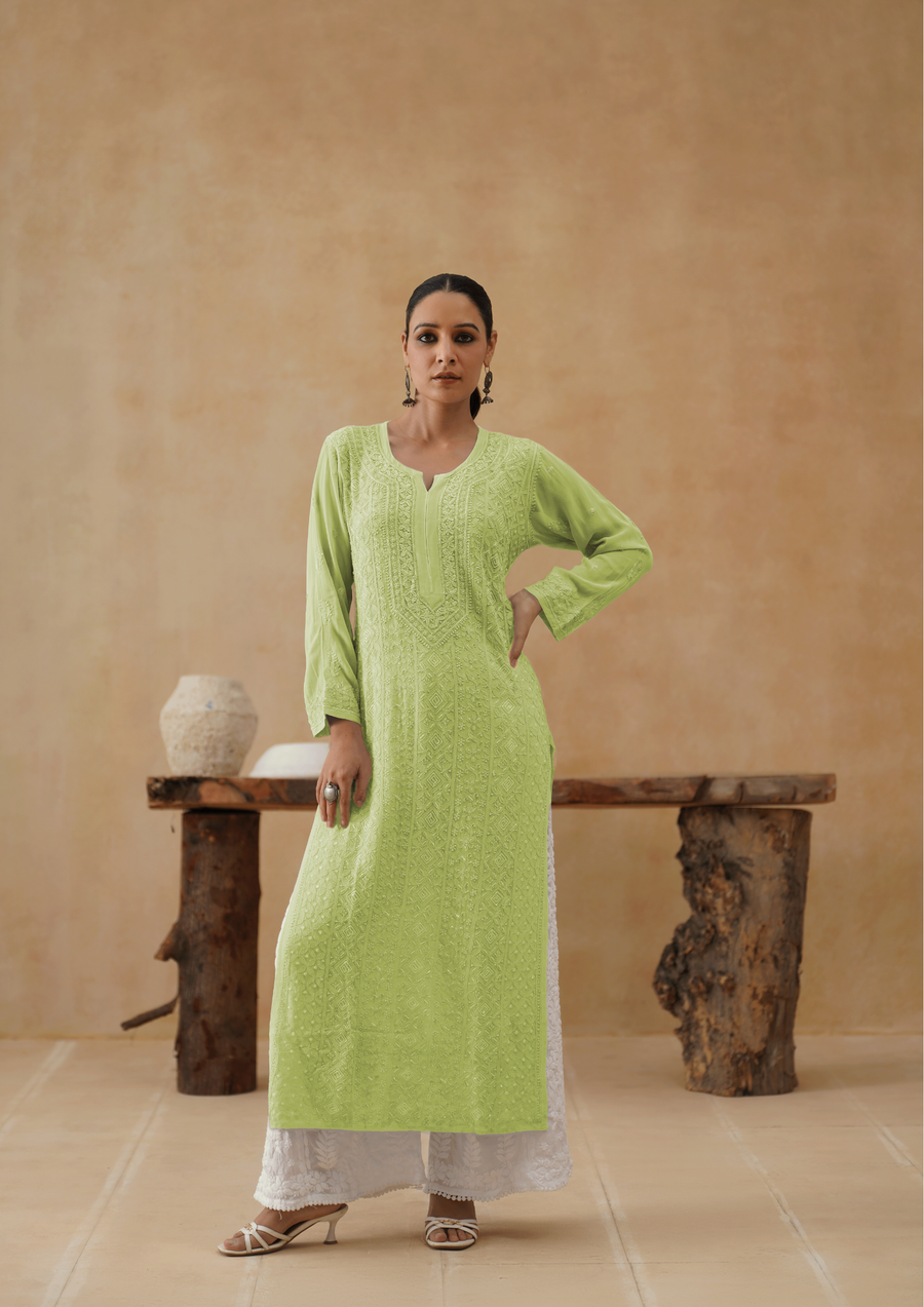 Georgette Chikankari Long Kurti - Lime Green Alekhya Chikankari Georgette Chikankari Long Kurti - Lime Green Alekhya Chikankari
