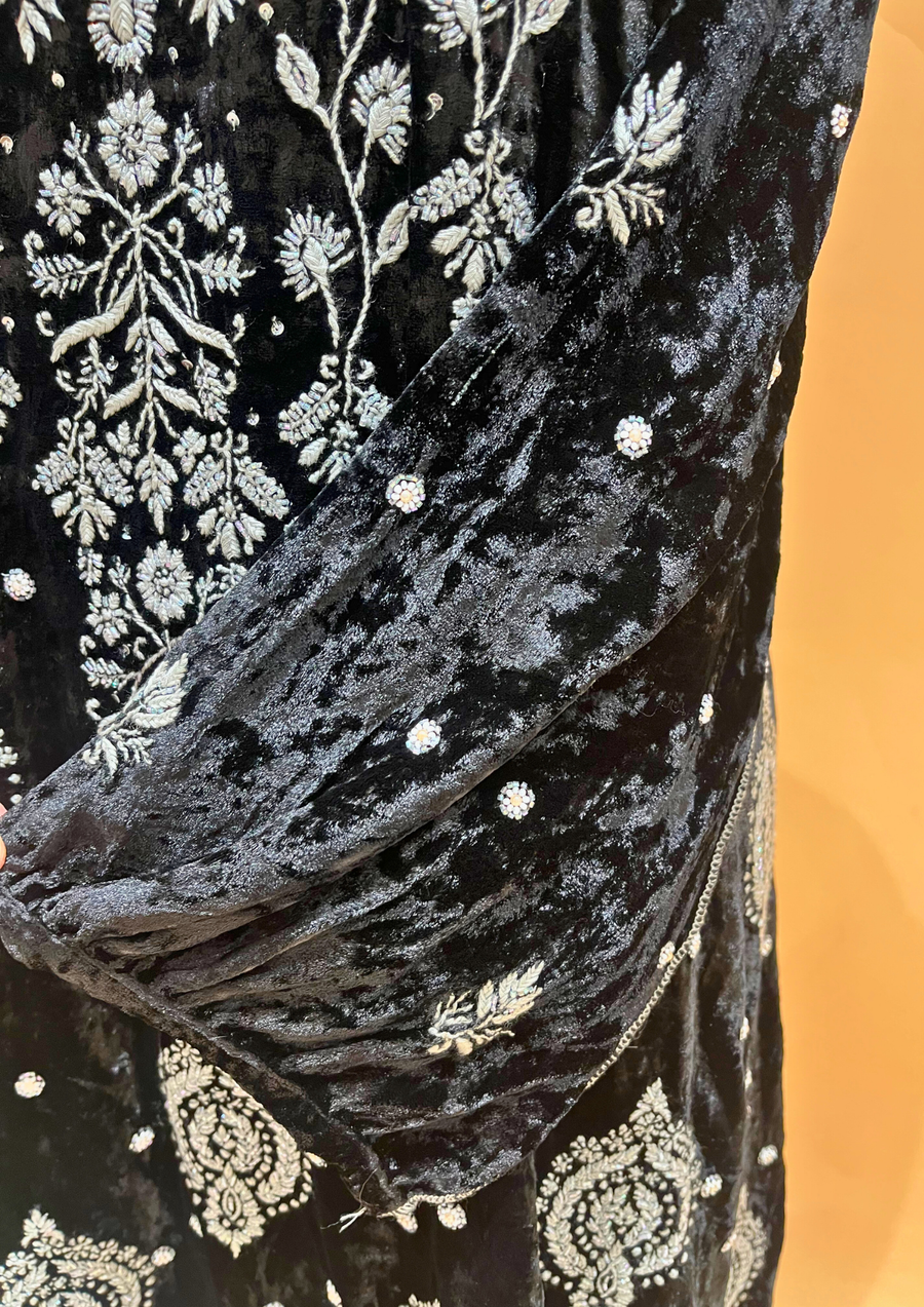 Velvet Chikankari Semistitched Co-ord Set - Black