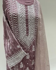 Velvet Chikankari Unstitched 2pc Suit Set - Dusty Rose