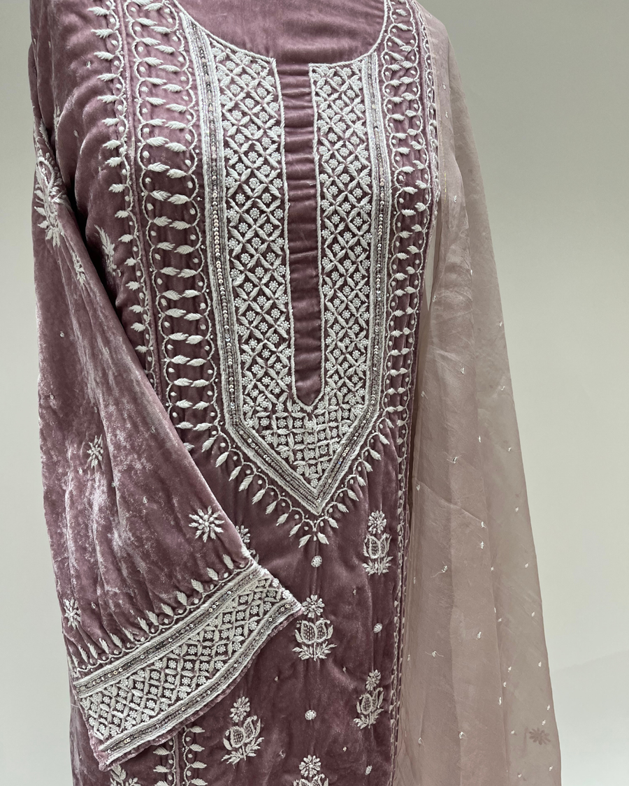 Velvet Chikankari Unstitched 2pc Suit Set - Dusty Rose
