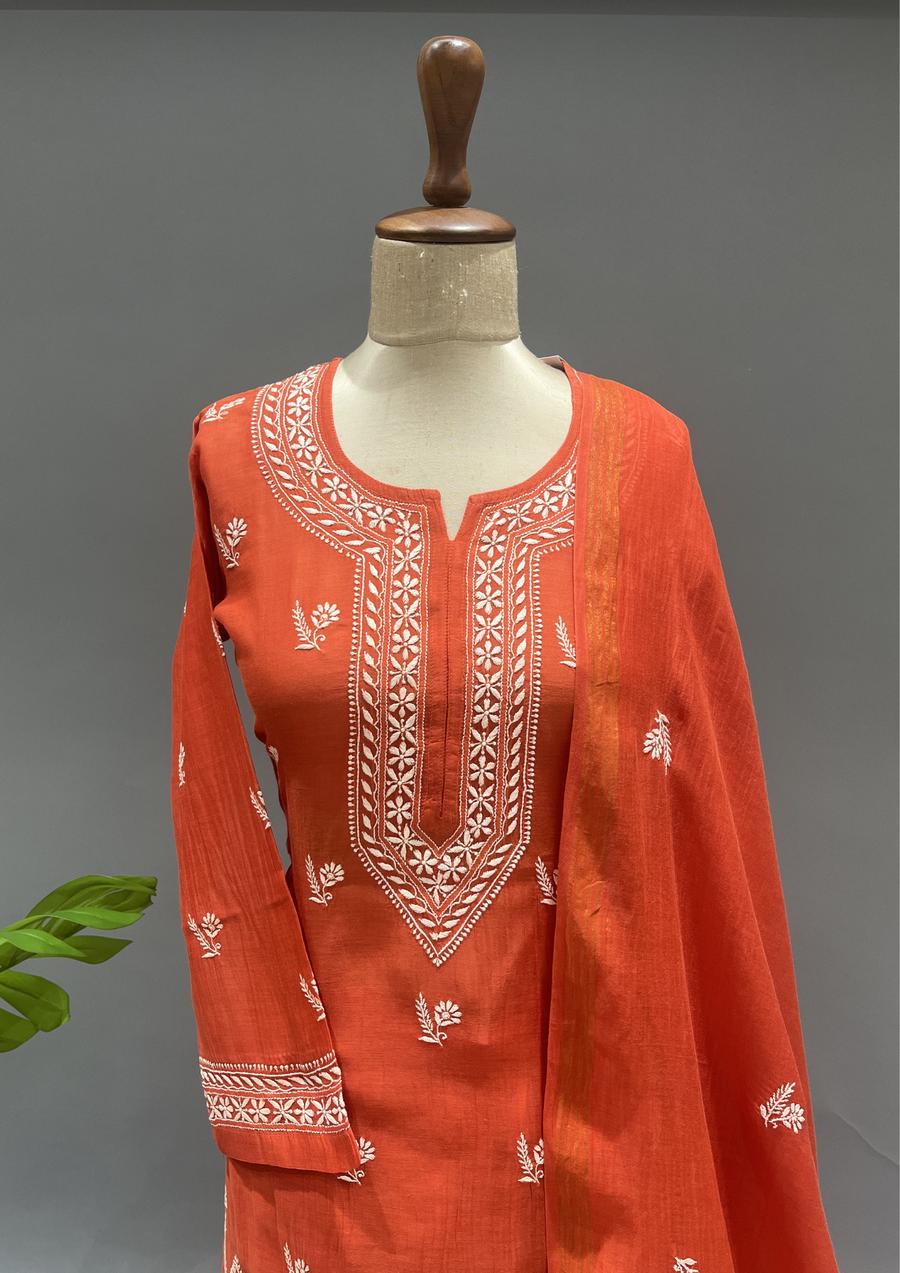 Chikankari Mul Chanderi Sharara Suit SET - Vermillion Orange