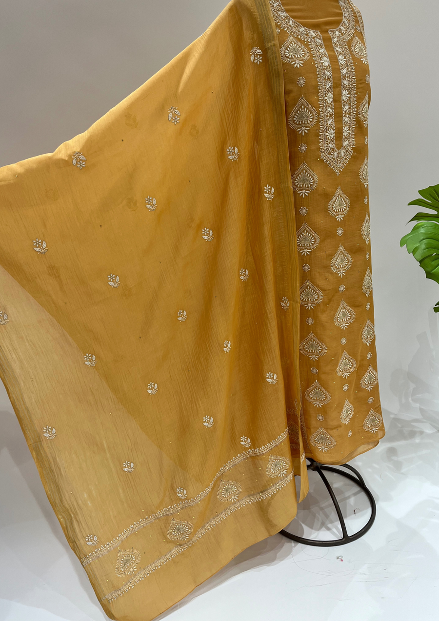 Mul Chanderi Chikankari Unstitched Suit - Mustard Yellow