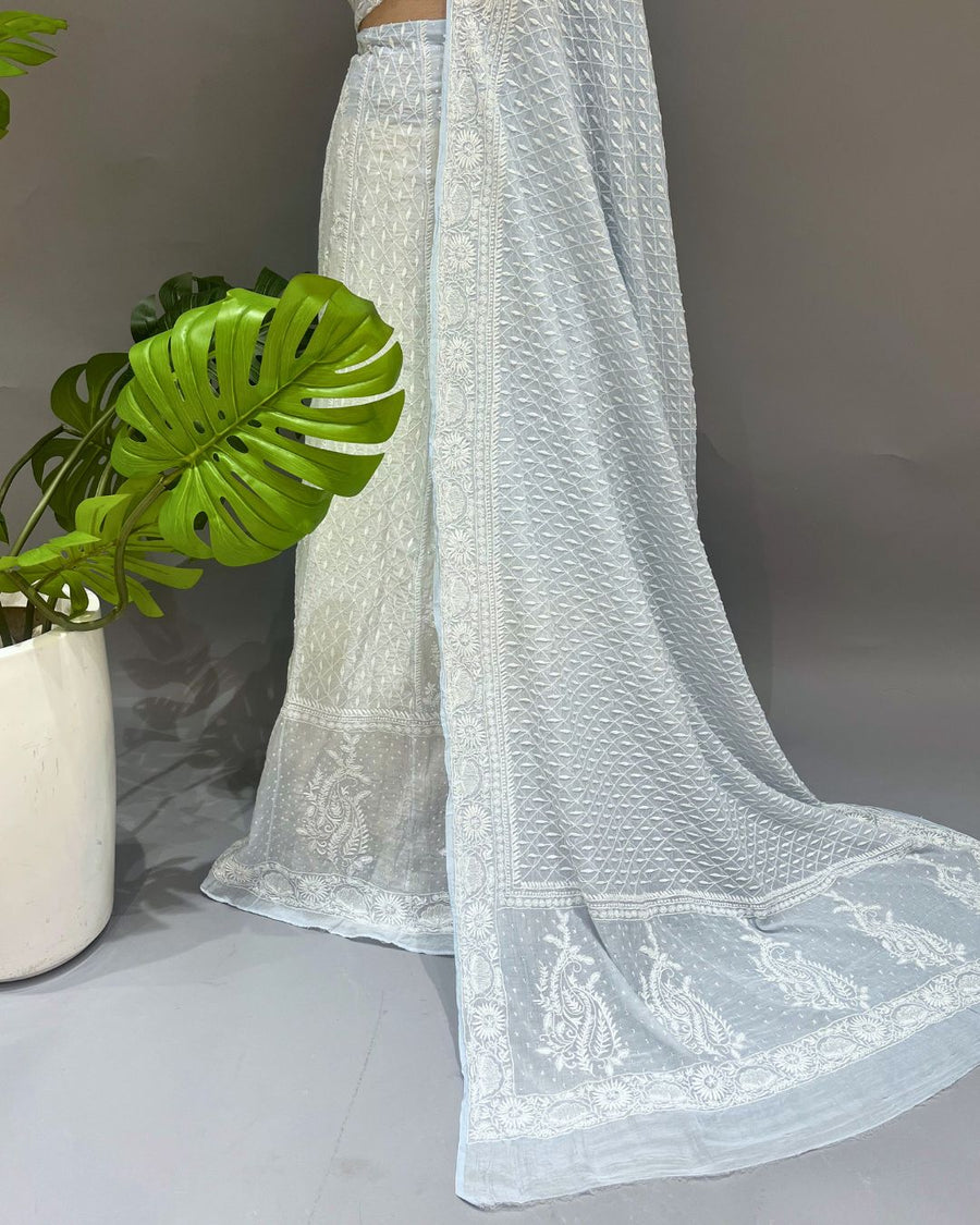 Mul Chanderi Chikankari Unstich Lehenga - Powder Blue