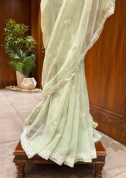 Chikan Saree Georgette - Pista Green