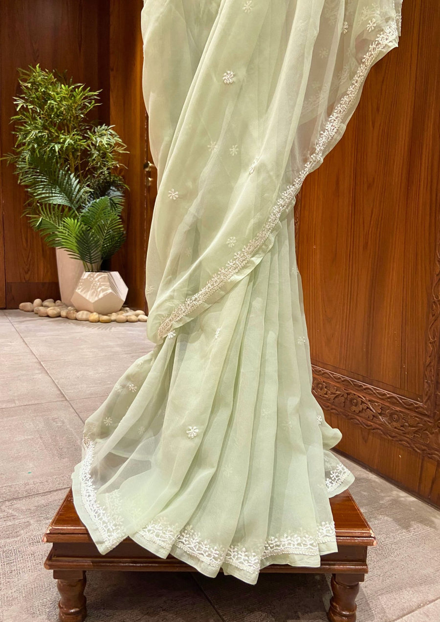 Chikan Saree Georgette - Pista Green