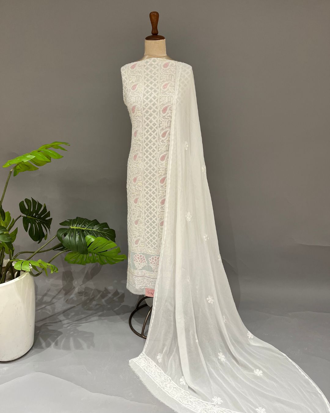 Viscose Chikankari Unstitched Suit Set - White