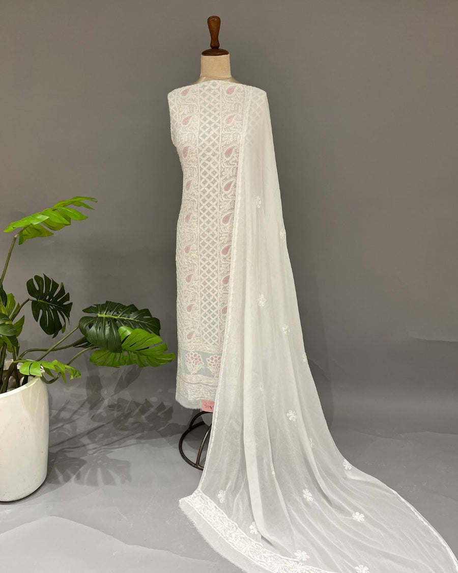 Viscose Chikankari Unstitched Suit Set - White