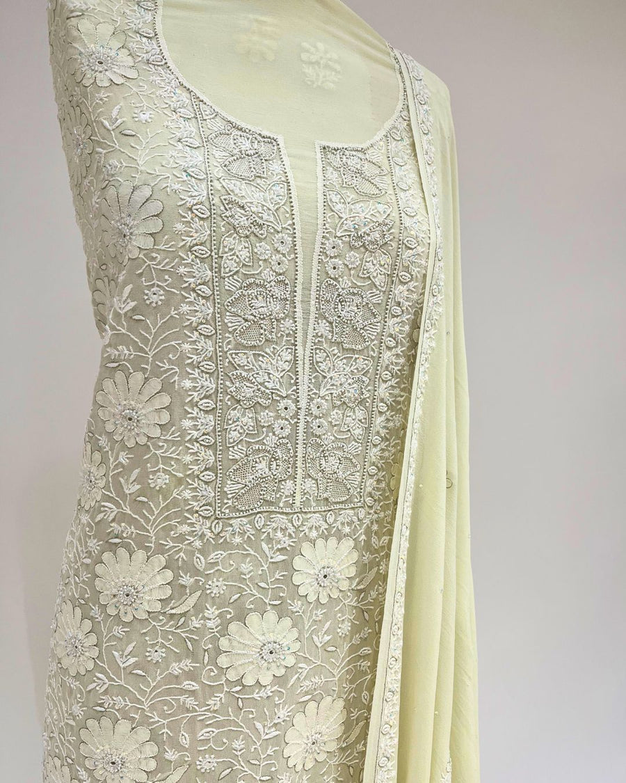 Pure Georgette Chikankari Unstitched 2pc Suit - Lime Yellow