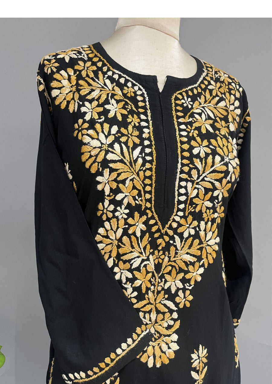 Rayon Chikankari Kurti - Black & Orange