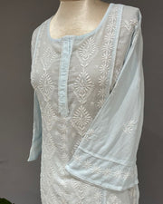 Mul Cotton Chikankari Long Kurti - Powder Blue
