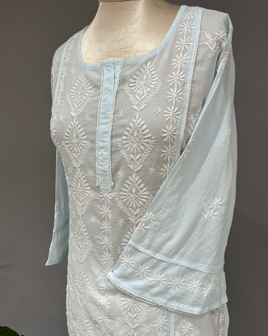 Mul Cotton Chikankari Long Kurti - Powder Blue