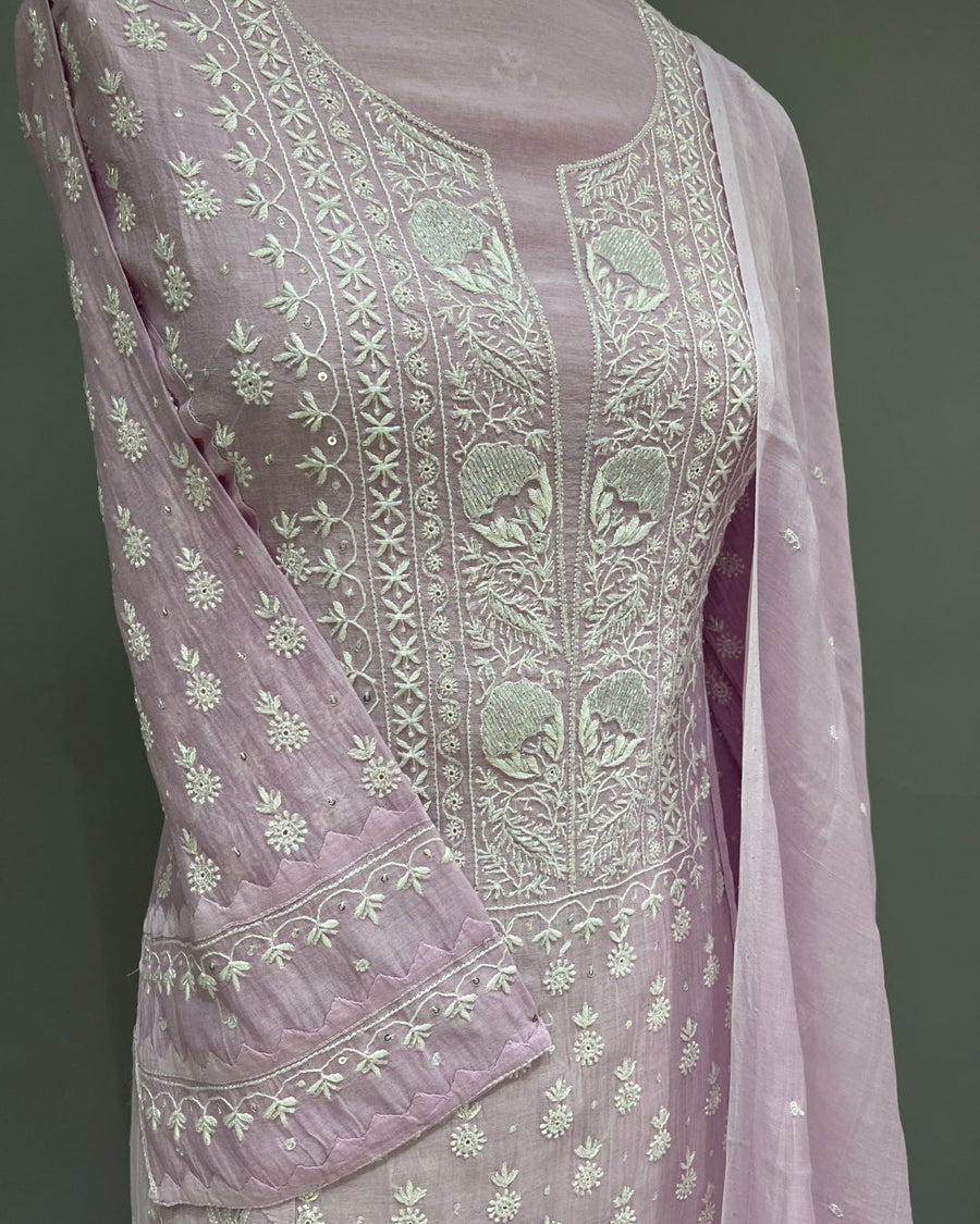 Mul Chanderi Chikankari Unstitched 2pc Suit - Mauve