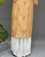 Chanderi Chikankari Long Kurti - Golden Peach