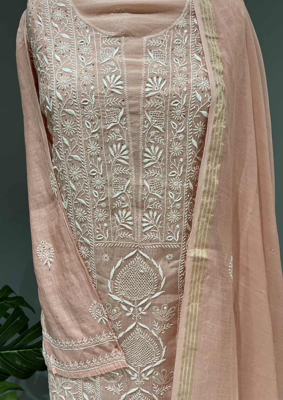 Chikankari Mul Unstitched Kurta And Dupatta Set - Rose Gold