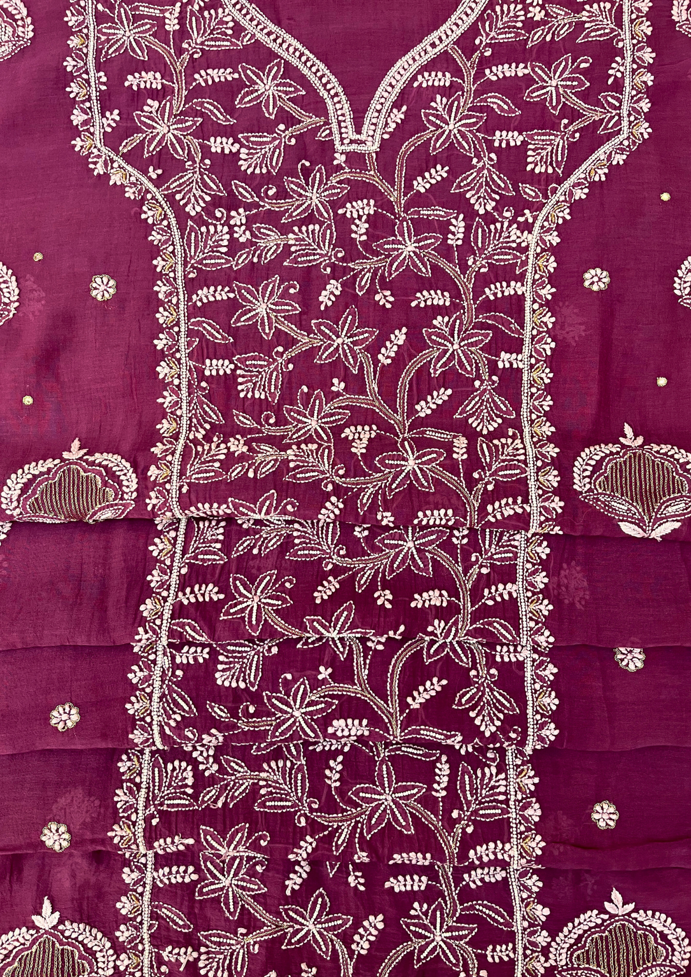 Chikankari Mul Chanderi Unstitched 2Pc Suit - Plum