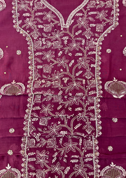 Chikankari Mul Chanderi Unstitched 2Pc Suit - Plum