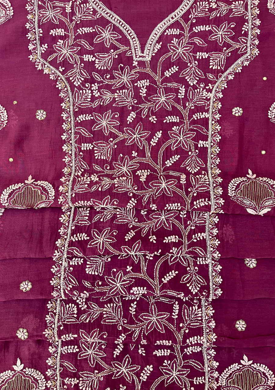 Chikankari Mul Chanderi Unstitched 2Pc Suit - Plum