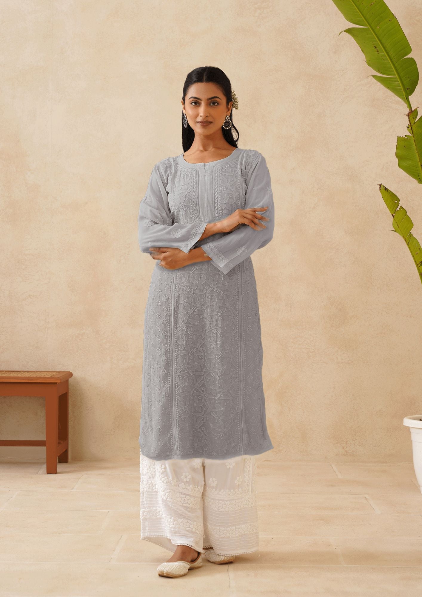 Crepe Georgette Long Kurti - Ombre Grey