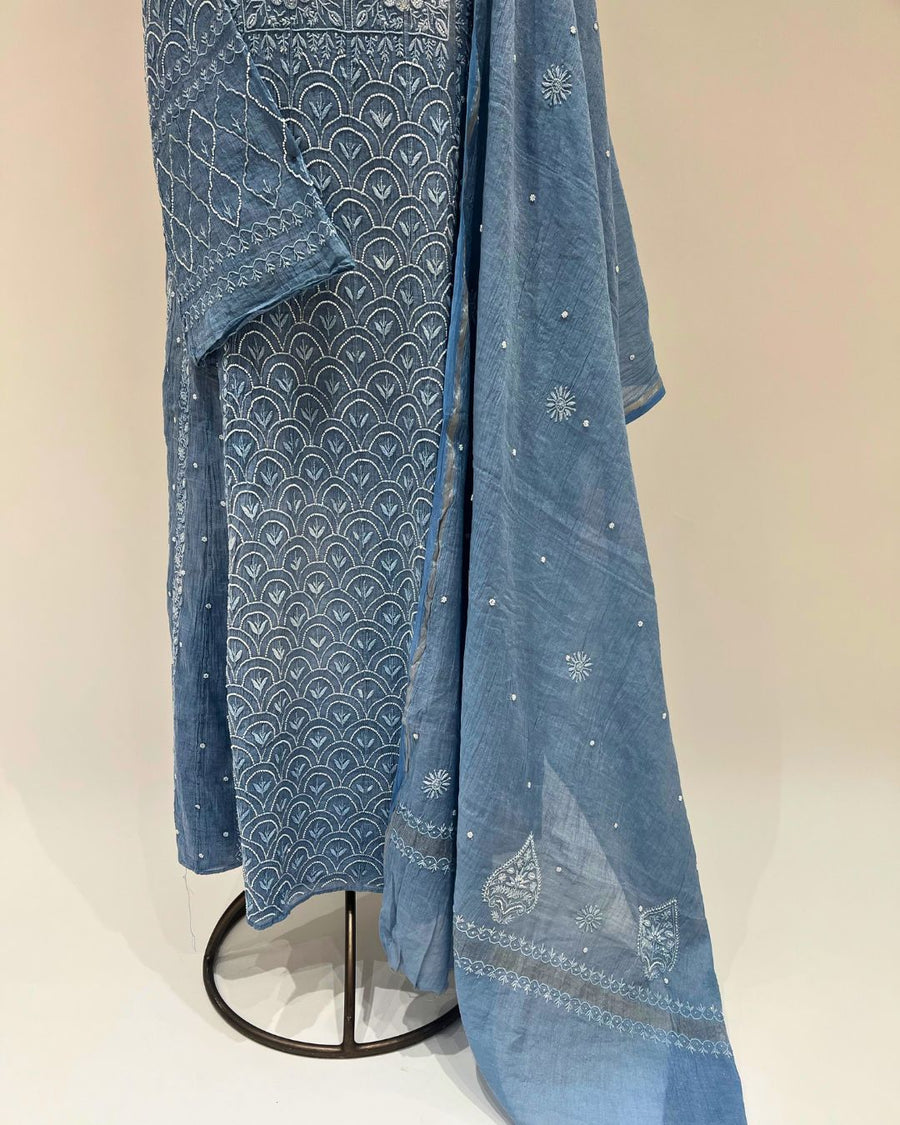 Tissue Chikankari Unstitched Anarkali - Bluebird