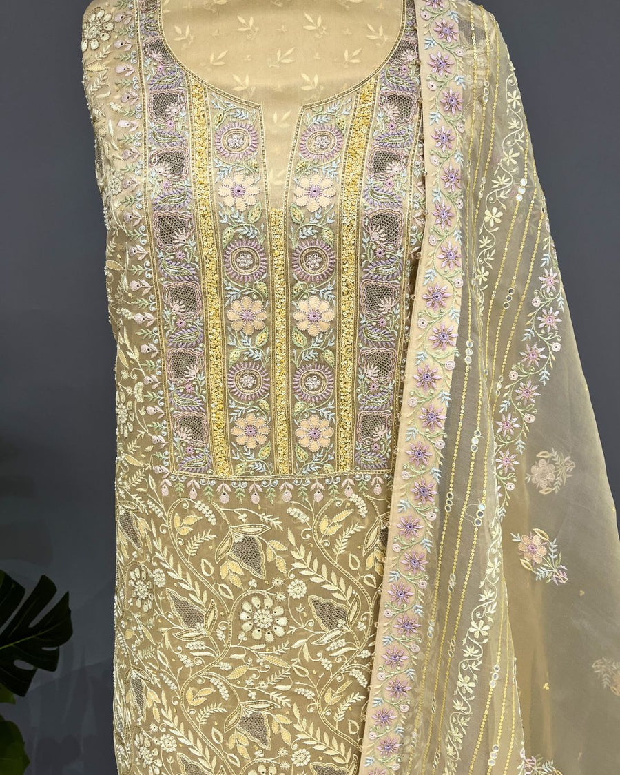 Chikankari Organza Unstitched Suit - Lemon Yellow
