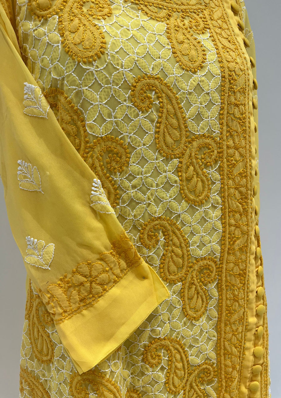 Georgette Chikankari Long A-Line Kurti - Sunflower Yellow