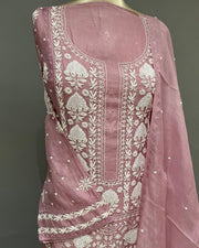 Organza Chikankari Unstitch 2pc Suit - Dusty Mauve