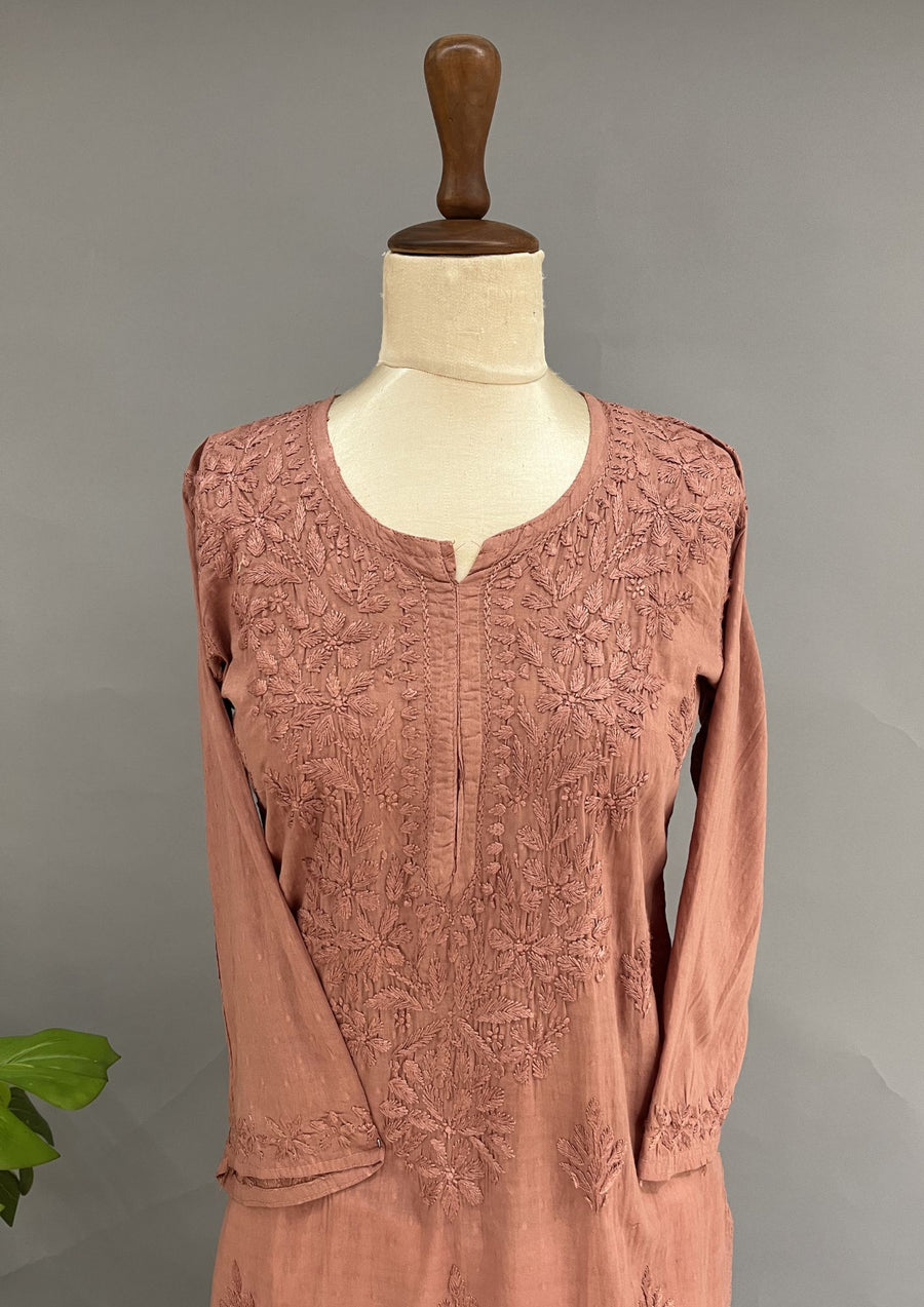 Cotton Chikankari Kurti -  Rust