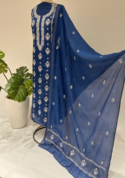 Mul Chanderi Chikankari unstitched Suit - Navy Blue