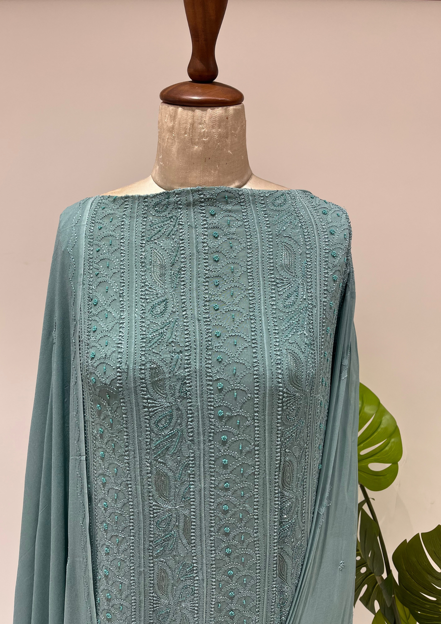 Viscose Chikankari Semistitched Anarkali - Teal
